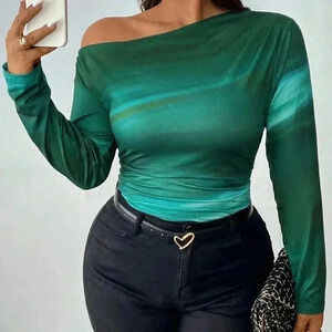 Multicolor Casual Women's Plus Size Asymmetrical Neck Long Sleeve Shirt